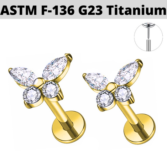 G23 Gold PVD Titanium Threadless Push In CZ Butterfly Labret