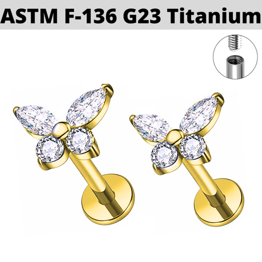G23 Gold PVD Titanium Internally Threaded CZ Butterfly Tragus Labret