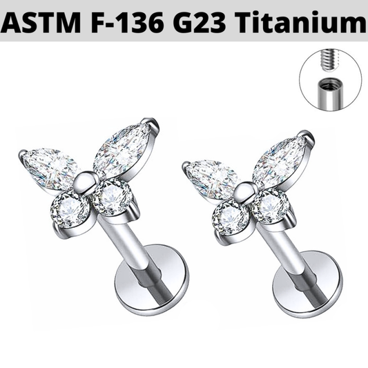 G23 Titanium Internally Threaded CZ Butterfly Tragus Labret