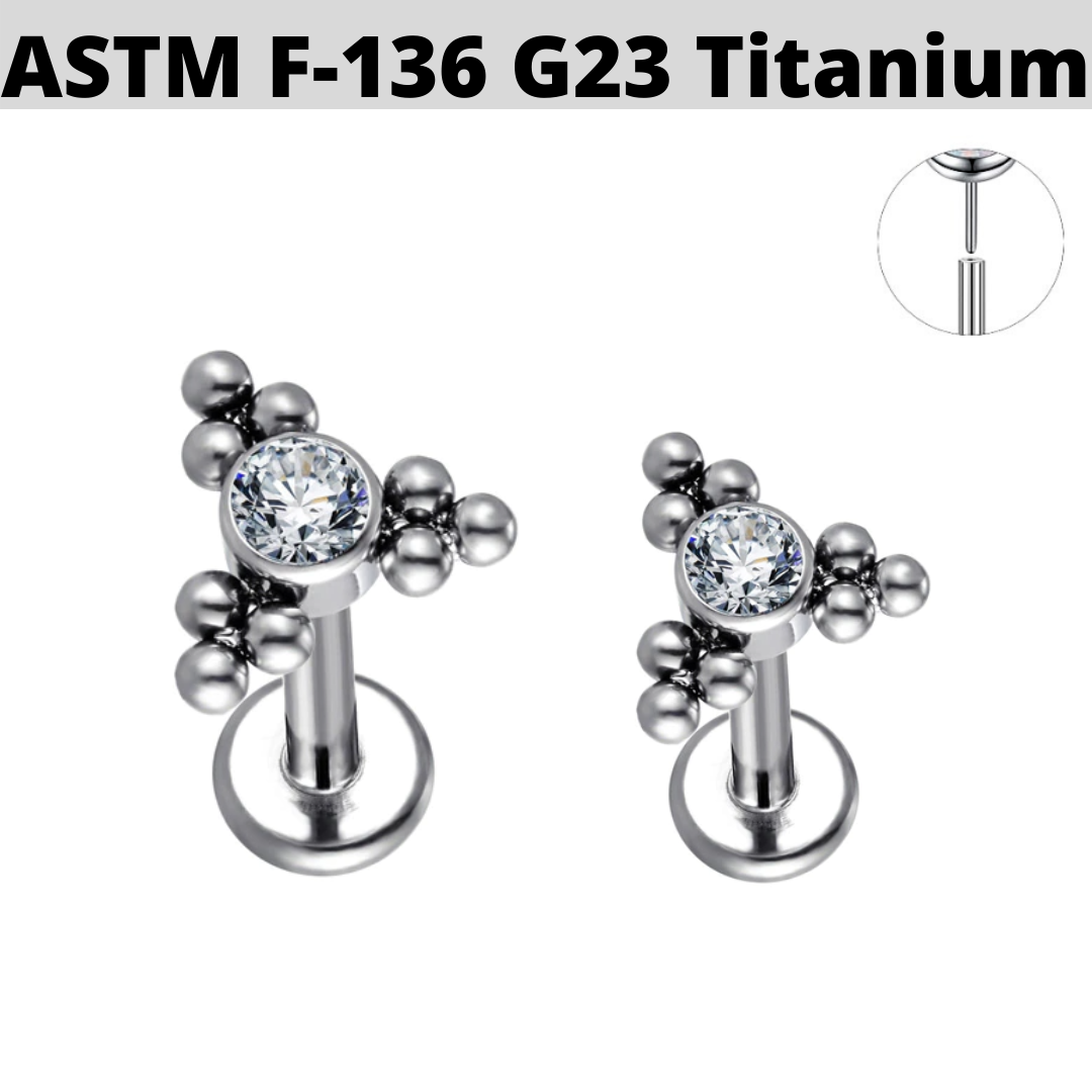 G23 Titanium Threadless Push In Triangle CZ Bead Cluster Labret