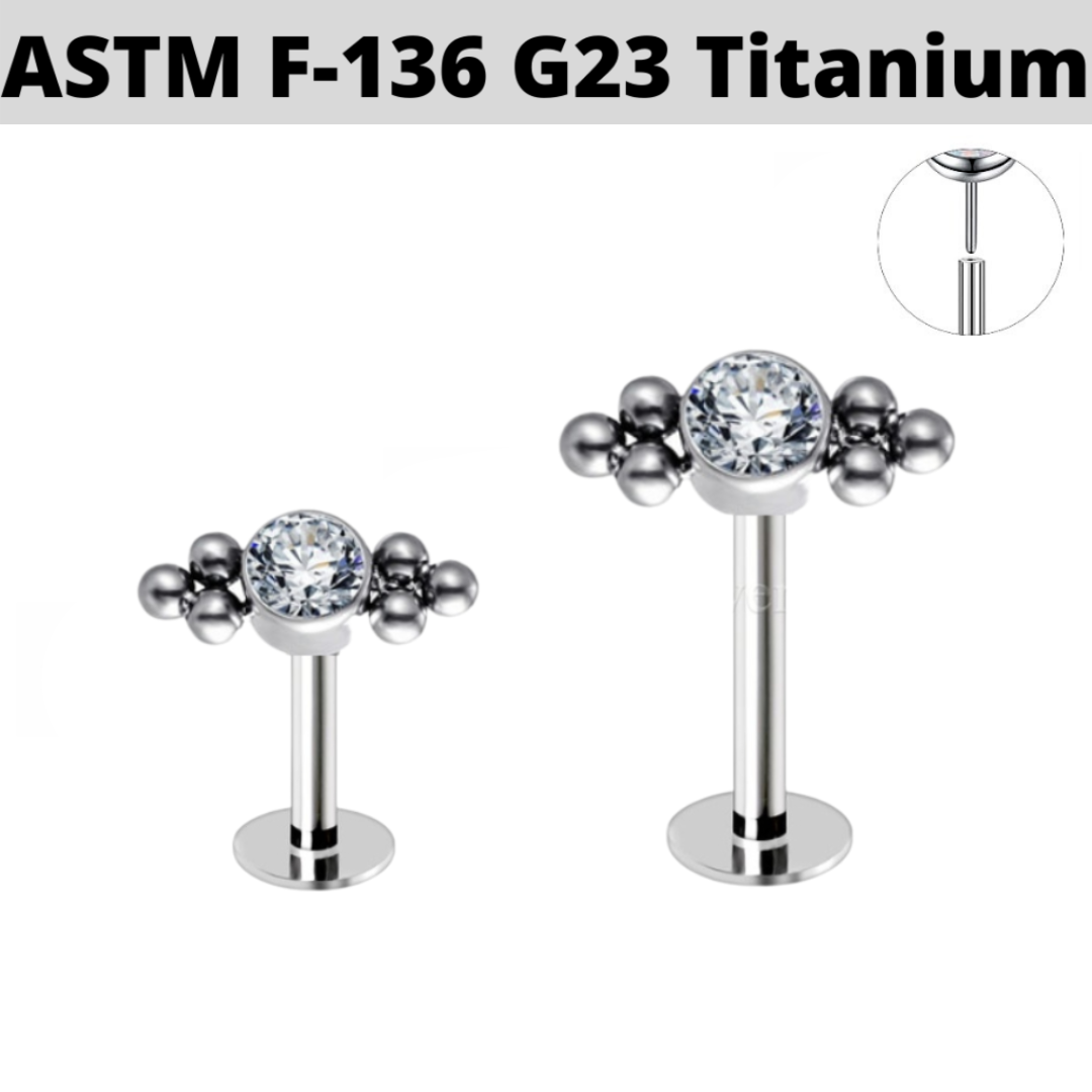 G23 Titanium Threadless Push In CZ 6 Beads Labret