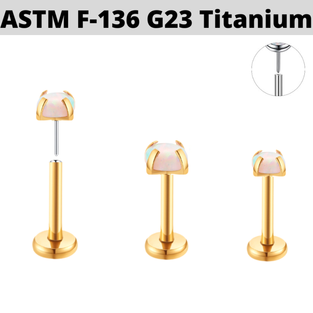 G23 Gold PVD Titanium Threadless Push In Prong Set Opal Labret Tragus