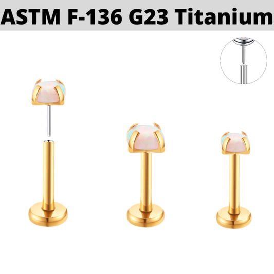 G23 Gold PVD Titanium Threadless Push In Prong Set Opal Labret Tragus