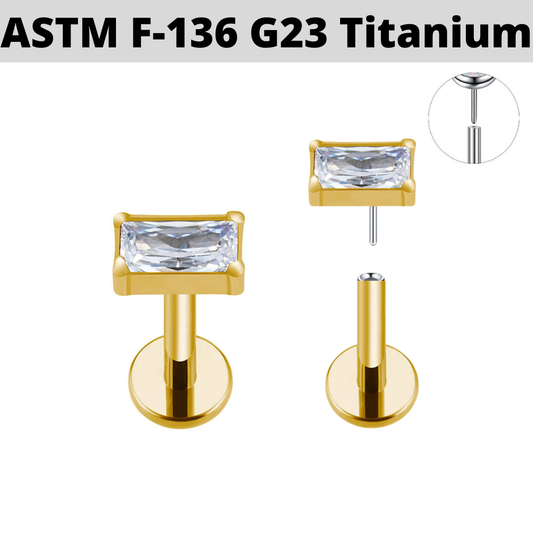 G23 Gold PVD Titanium Threadless Push In Rectangular CZ Tragus Labret
