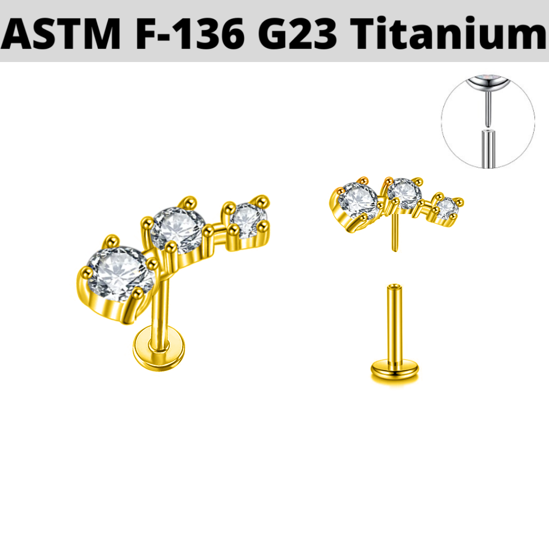 G23 Gold PVD Titanium Threadless Push In Push In 3 CZ Tragus Labret