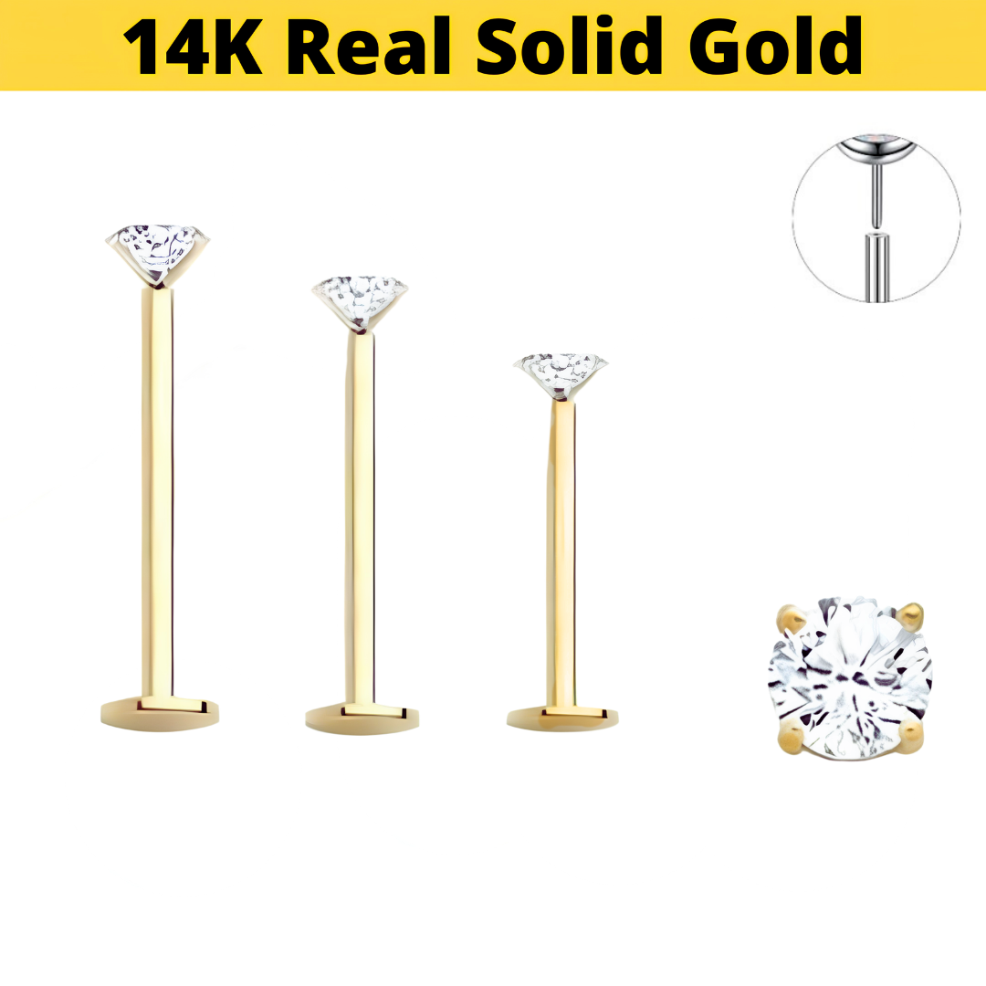 14K Gold 16G Snap In Threadless CZ Labret