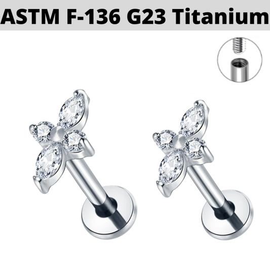 G23 Titanium Internally Threaded Marquise CZ Long Flower Labret
