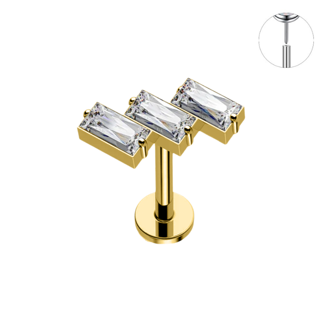Gold Ion Plated Steel Threadless Push In 3 Slanted Baguette CZ Labret