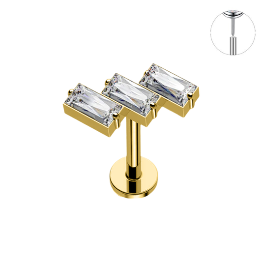 Gold Ion Plated Steel Threadless Push In 3 Slanted Baguette CZ Labret