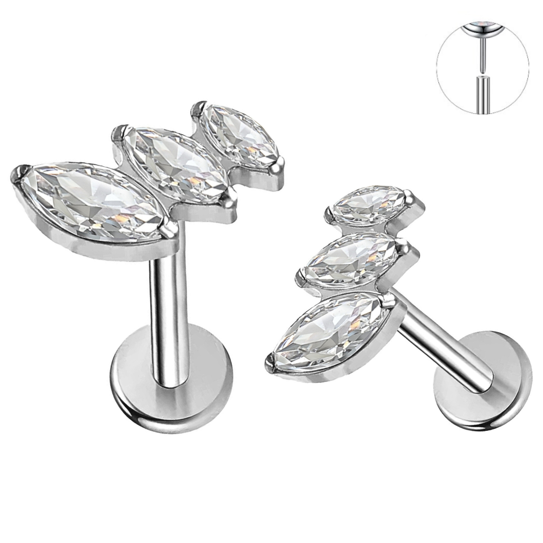 Steel Threadless Push In Triple Graduated Marquise CZ Labret