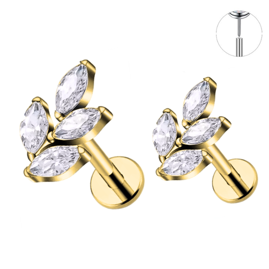 Gold Ion Plated Steel Threadless Push In Marquise CZ Leaf Tragus Labret