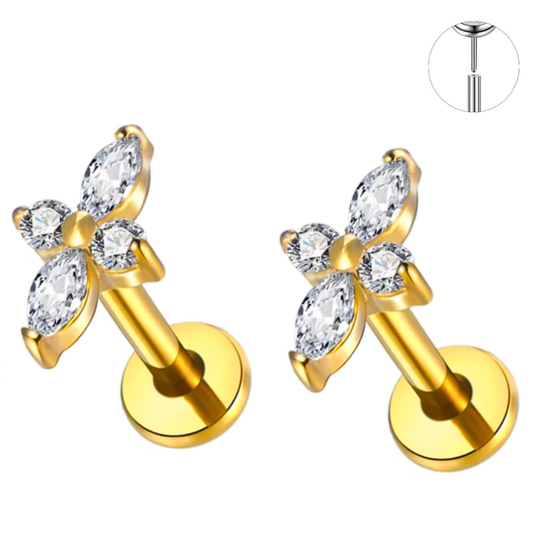 Gold Ion Plated Steel Threadless Push In Marquise CZ Long Flower Labret
