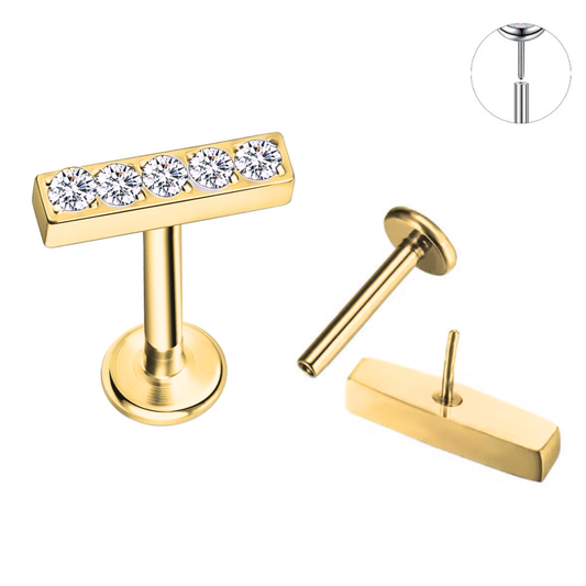 Gold Ion Plated Steel Threadless Push In 5 CZ Straight Bar Tragus Labret