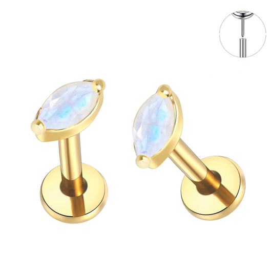 Gold Ion Plated Steel Threadless Push In Moonstone Marquise CZ Labret