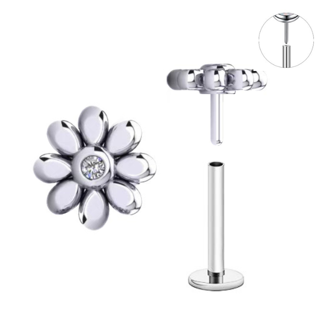 Steel Threadless Push In 8 Petals CZ Flower Tragus Labret