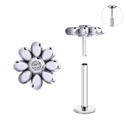 Steel Threadless Push In 8 Petals CZ Flower Tragus Labret