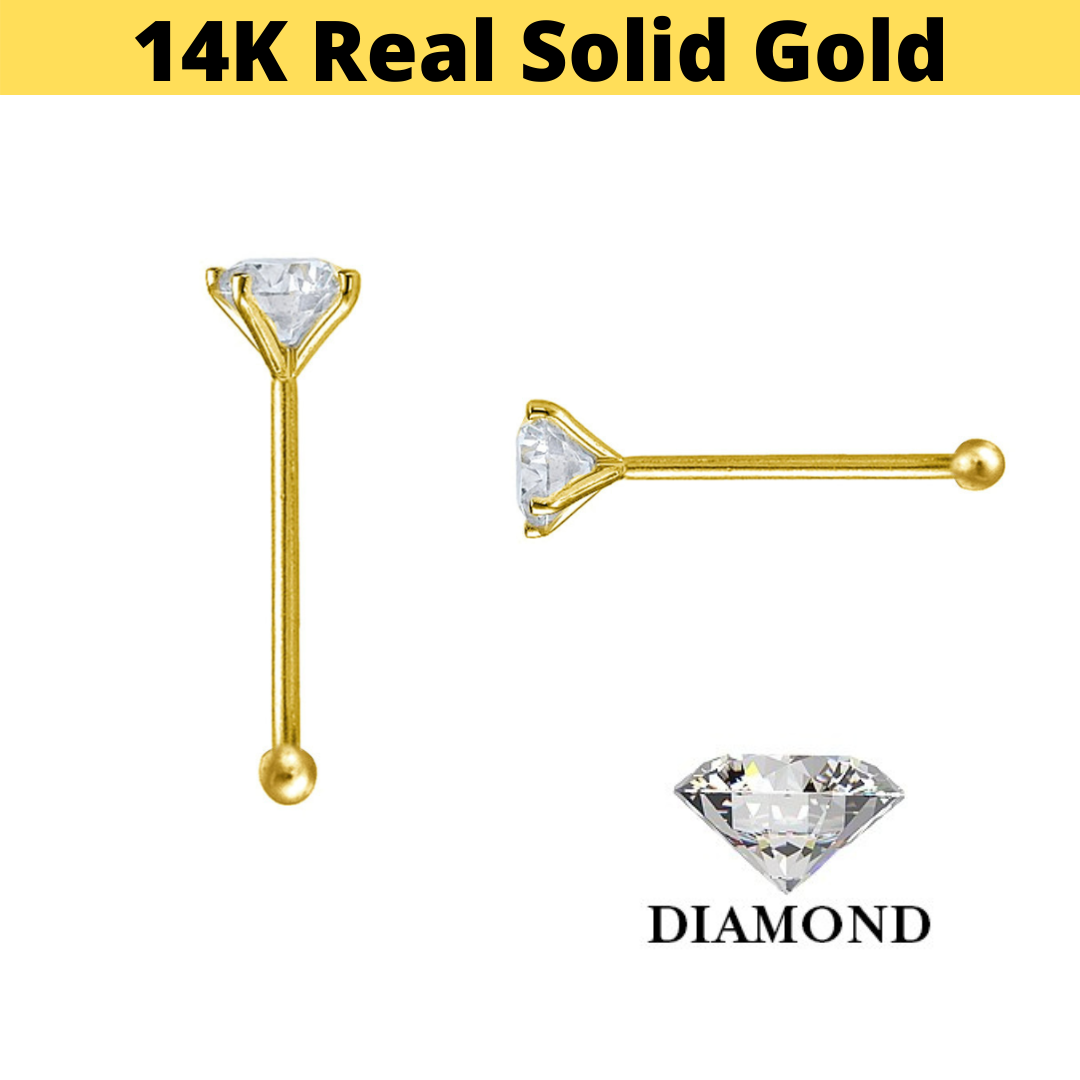 14K Gold Prong Set Diamond Nose Stud Pin
