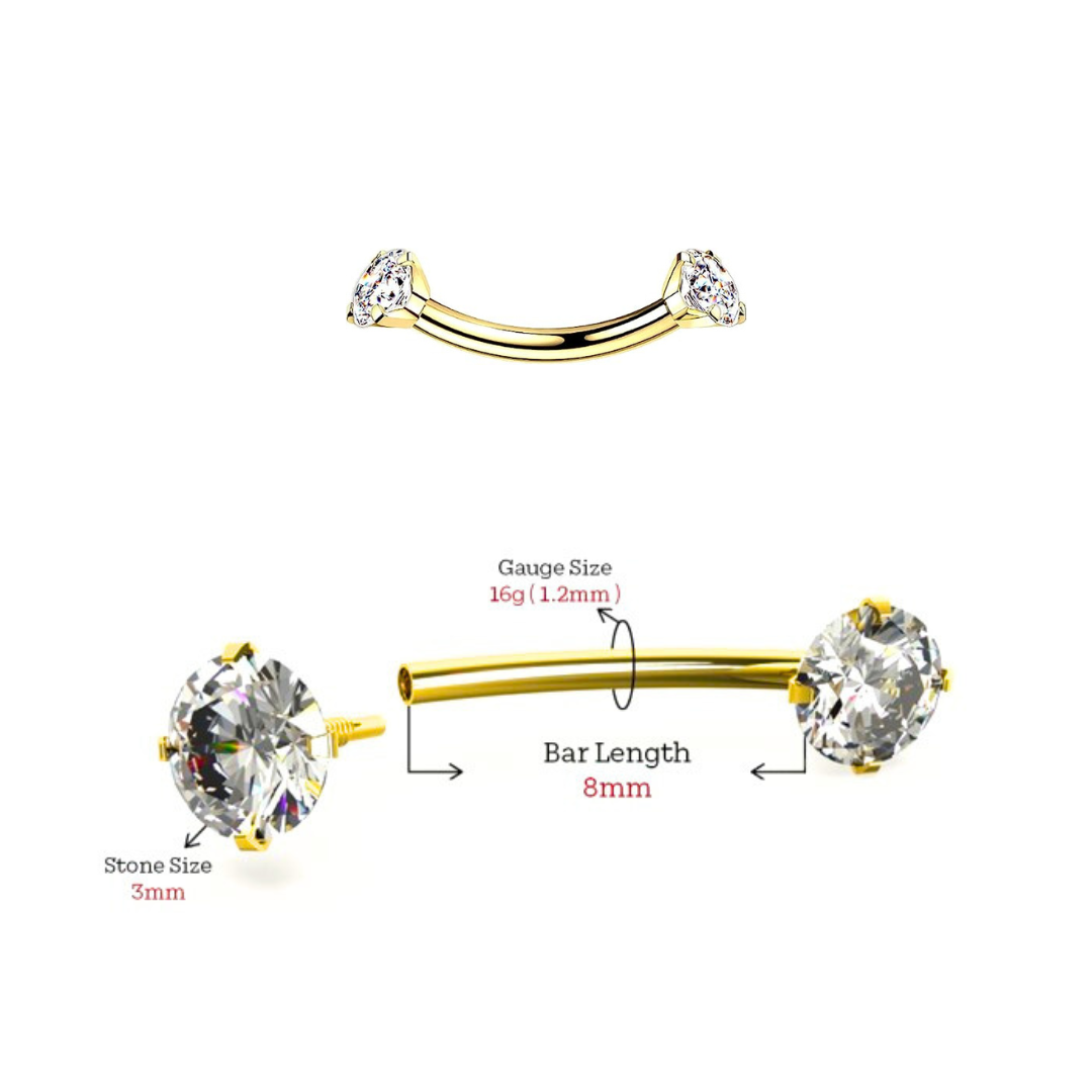 14K Gold 16G Internally Threaded 3mm CZ Eyebrow Ring