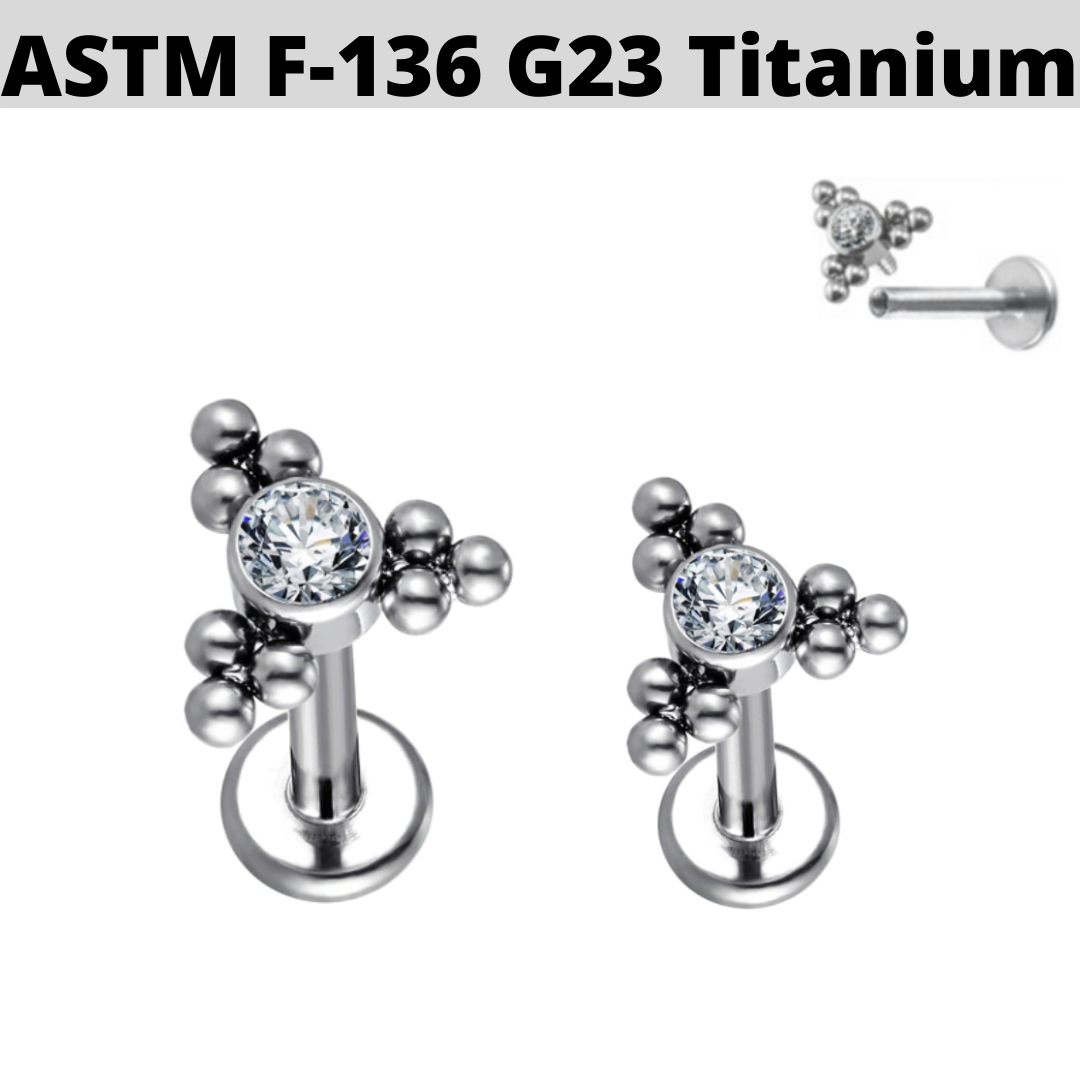 G23 Titanium Internally Threaded Triangle CZ Bead Cluster Tragus Labret