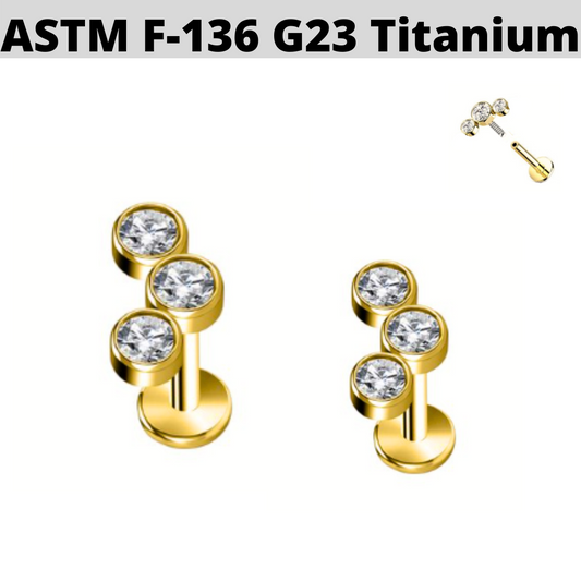 G23 Gold PVD Titanium Internally Threaded 3 CZ Cluster Tragus Labret