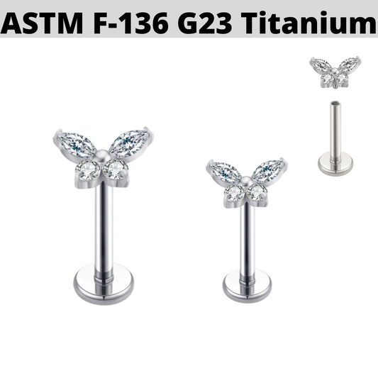 G23 Titanium Internally Threaded CZ Butterfly Tragus Labret