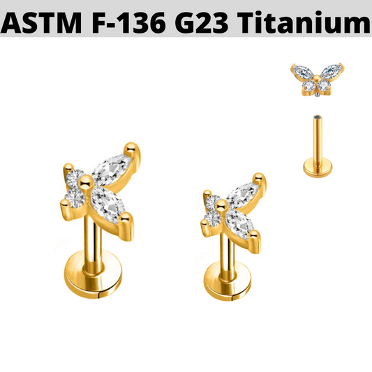 G23 Gold PVD Titanium Internally Threaded CZ Butterfly Tragus Labret