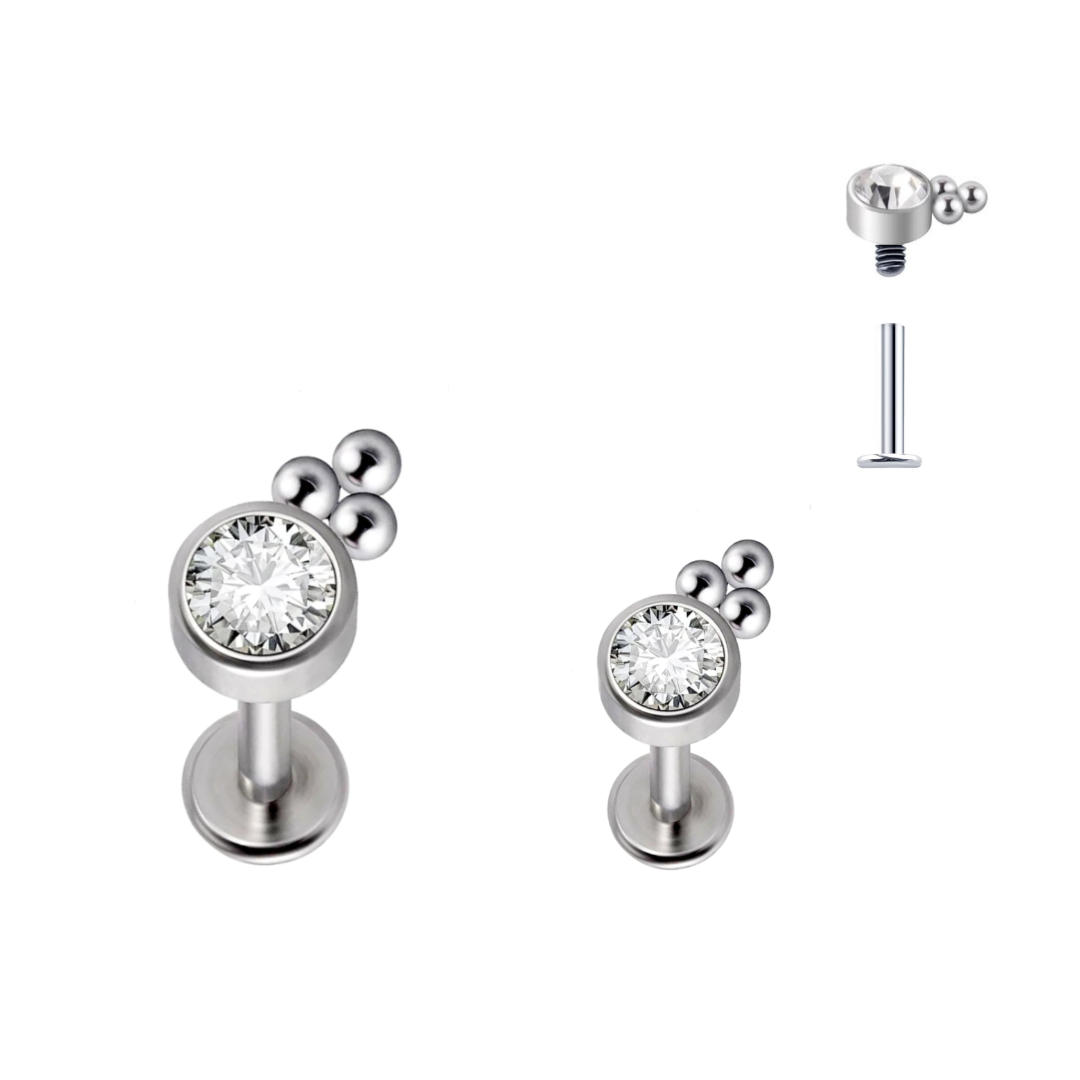 Steel Internally Threaded CZ Center 3 Beads Tragus Labret