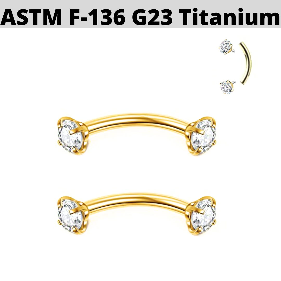 G23 Gold PVD Titanium Internally Threaded Prong Set Double CZ Curved Barbell