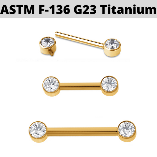 G23 Internally Threaded Gold PVD Titanium Flat Bezel Set CZ Front Facing Barbell