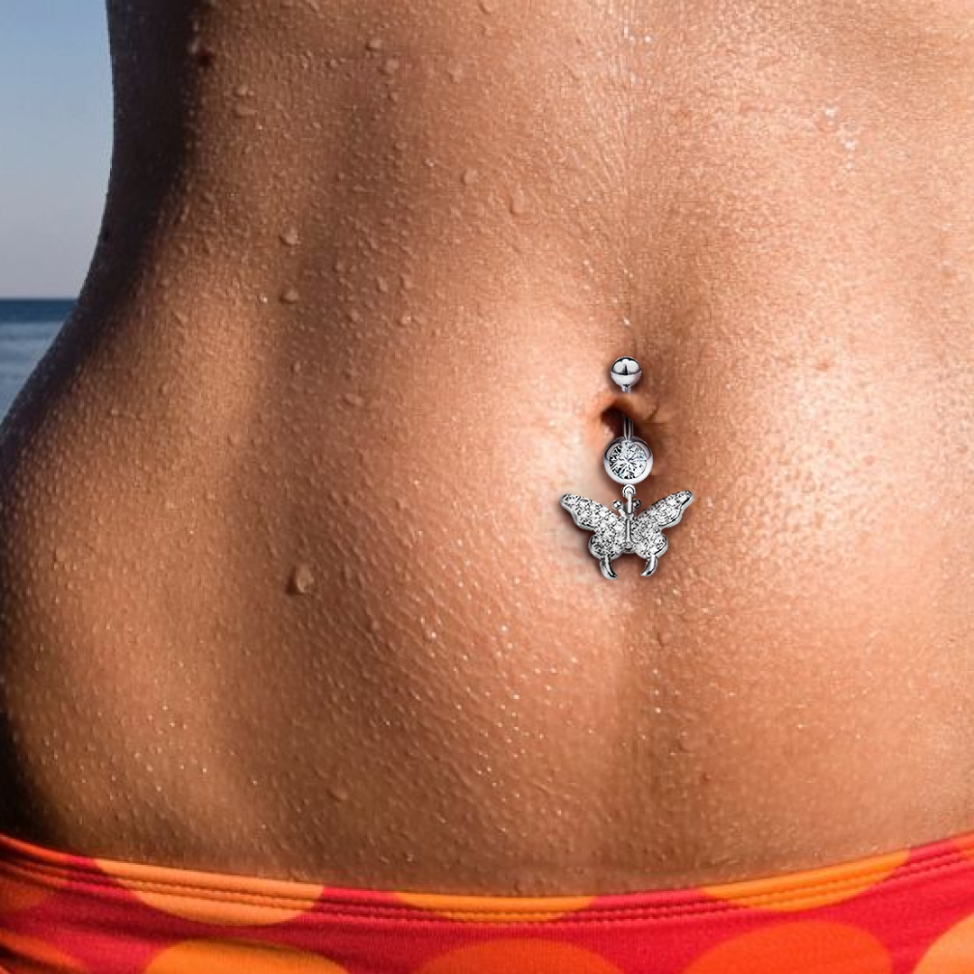 CZ Paved Butterfly Dangle Belly Ring