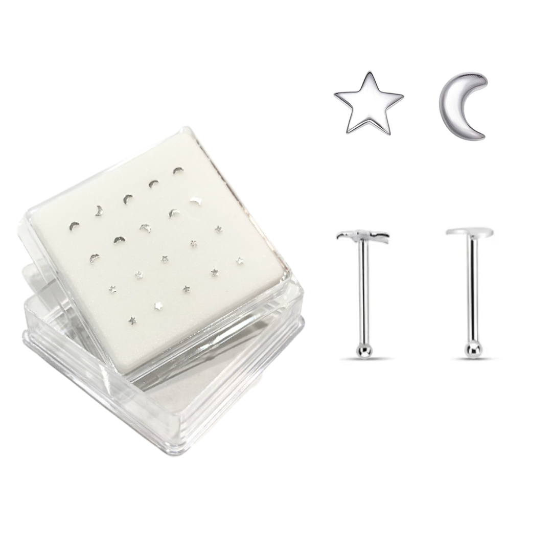 Silver Moon and Star Nose Studs [20pc/Box]