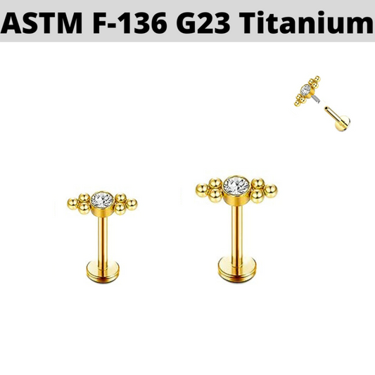 G23 Gold PVD Titanium Internally Threaded CZ 6 Beads Cluster Labret