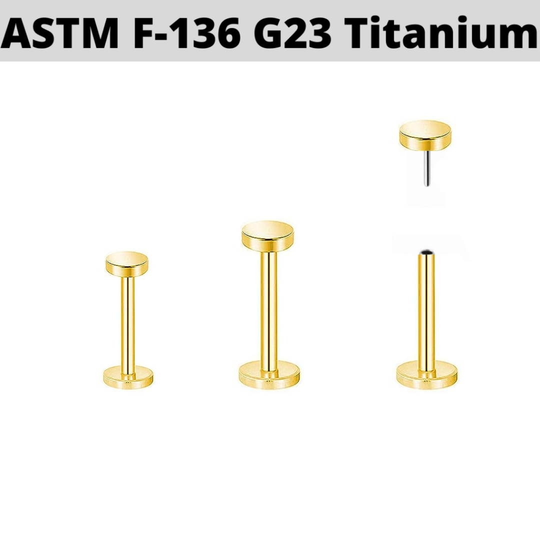 G23 Gold PVD Titanium Threadless Push In Flat Disc Labret Tragus