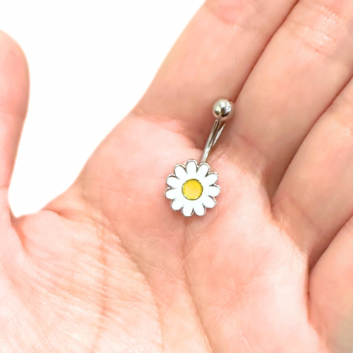 White Enamel Sunflower Belly Ring