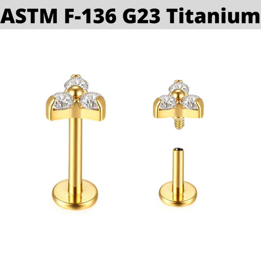 G23 Gold PVD Titanium Internally Threaded Trinity CZ Tragus Labret
