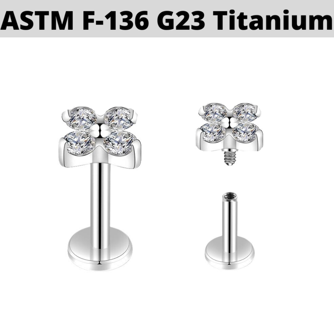 G23 Titanium Internally Threaded 4 CZ Clover Leaf Tragus Labret