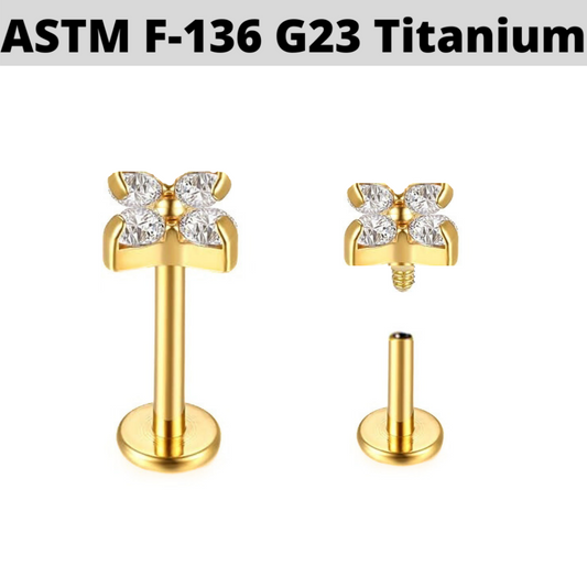 G23 Gold PVD Titanium Internally Threaded 4 CZ Clover Leaf Tragus Labret