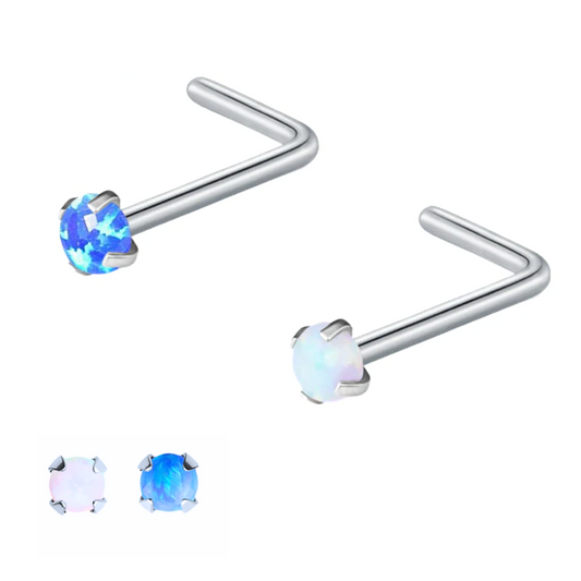Steel Prong Set Opal Top L Bend Nose Fishtail Ring