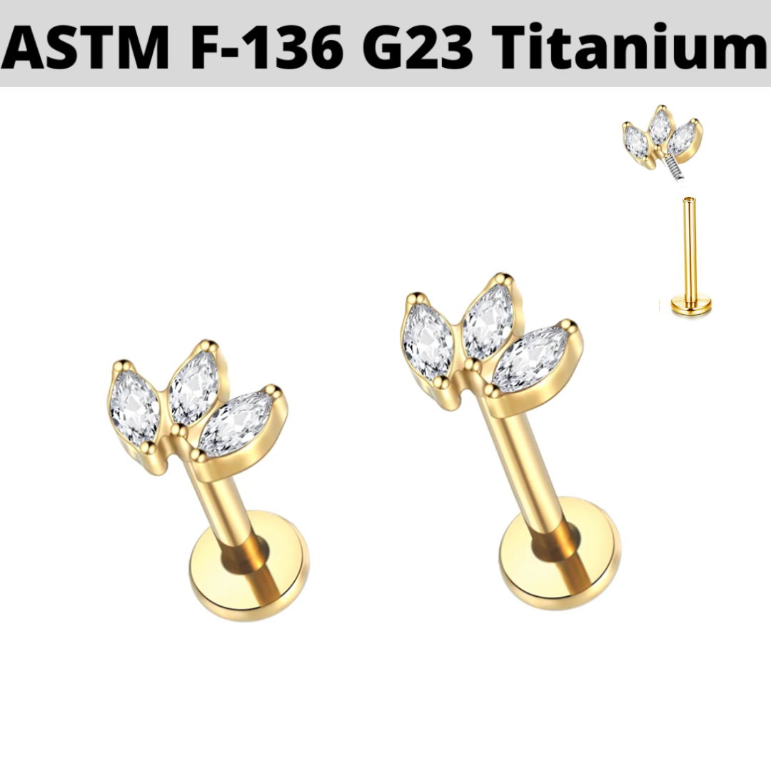 G23 Gold PVD Titanium Internally Threaded Bezel Set 3 Marquise Fan CZ Tragus Labret