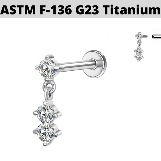 G23 Titanium Internally Threaded 3 CZ Dangle Top Labret