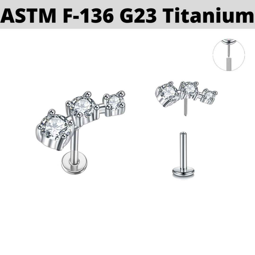 G23 Titanium Threadless Push In 3 CZ Tragus Labret