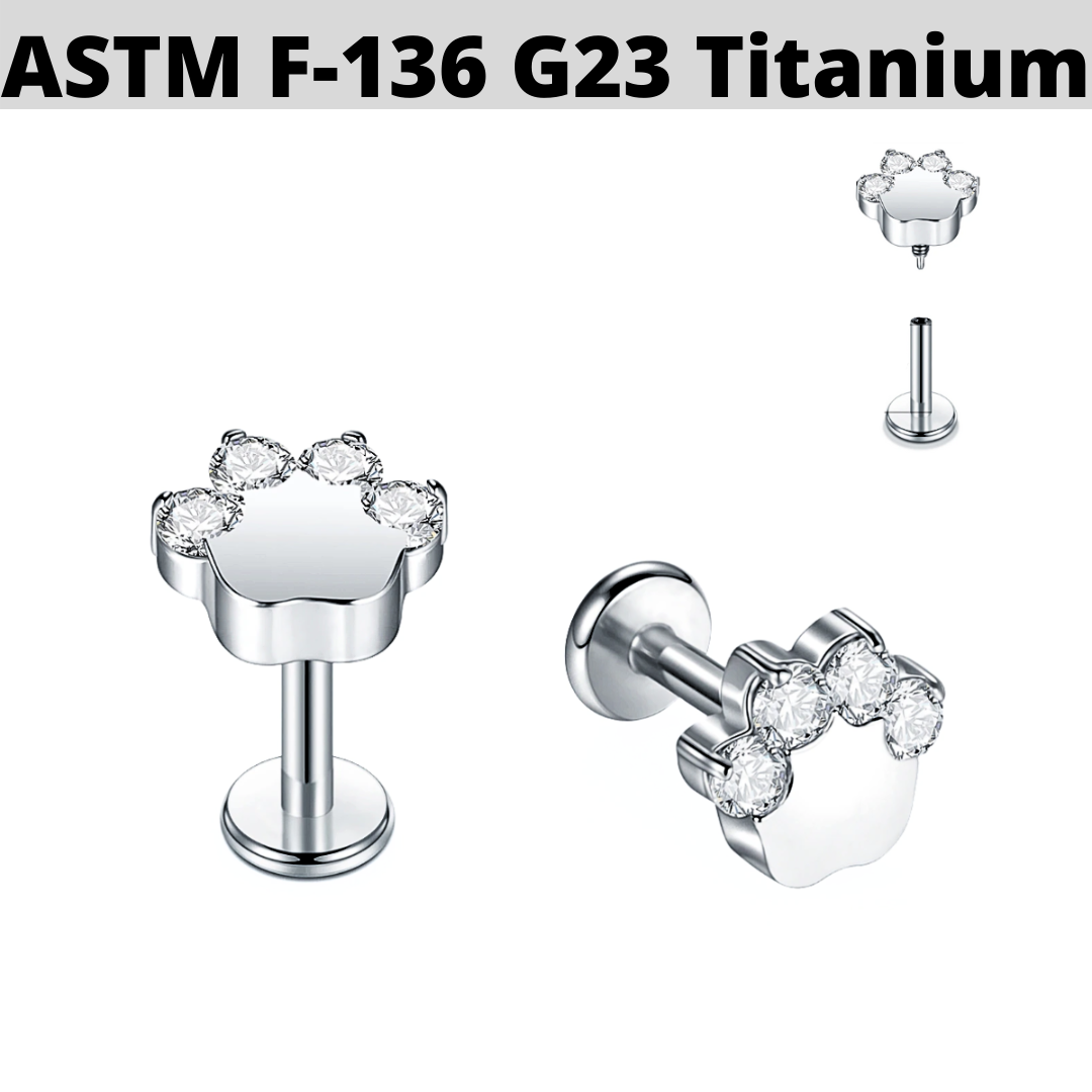 G23 Titanium Internally Threaded Paw CZ Tragus Labret