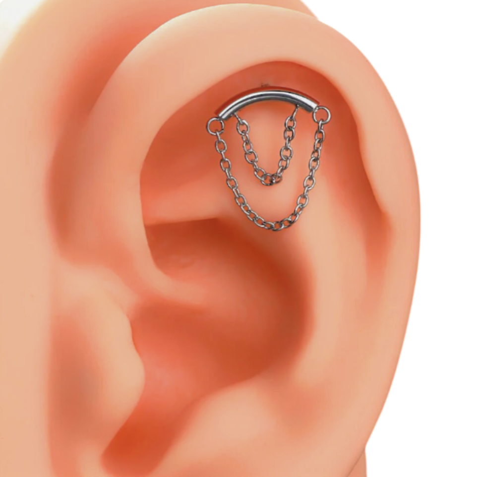 G23 Titanium Threadless Push In Double Hanging Chains Curved Bar Top