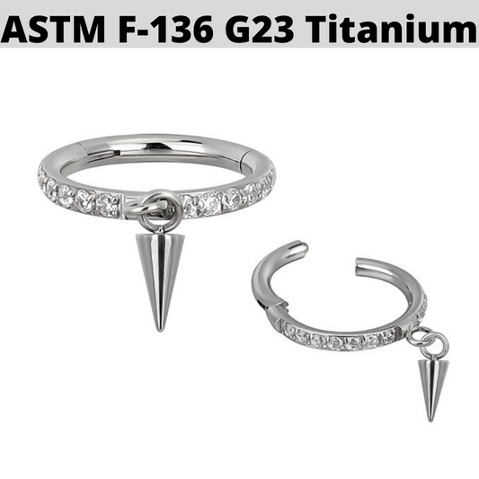 G23 Titanium Front CZ Paved Dangle Cone Hinged Clicker Segment Ring