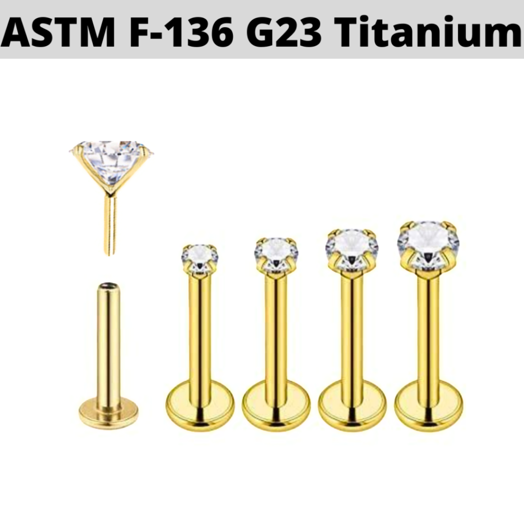 G23 Gold PVD Titanium Prong Set CZ Threadless Push In Labret