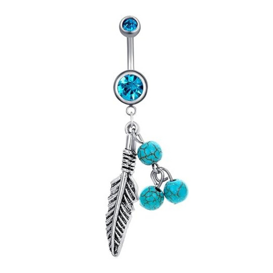 Double CZ Feather Dreamcatcher Turquoise Beads Dangle Belly Ring