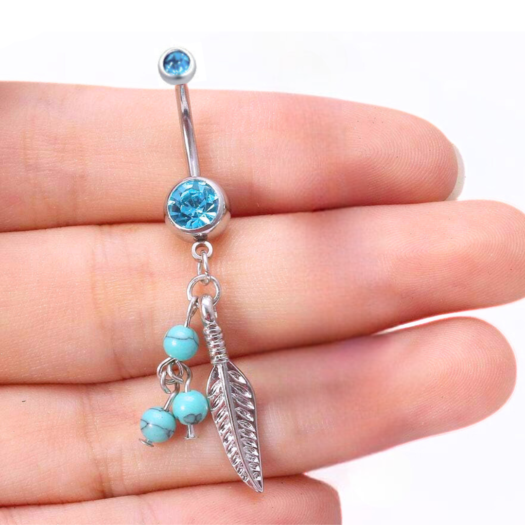 Double CZ Feather Dreamcatcher Turquoise Beads Dangle Belly Ring