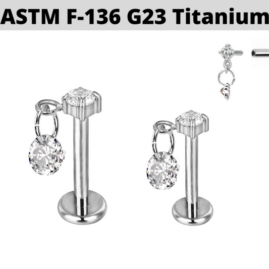 G23 Titanium Internally Threaded Double CZ Dangle Top Labret