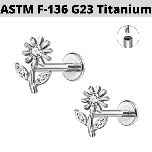 G23 Titanium Internally Threaded CZ Flower Stem Labret