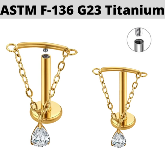 G23 Gold PVD Titanium Internally Threaded Hanging Pear Shape CZ Chain Labret